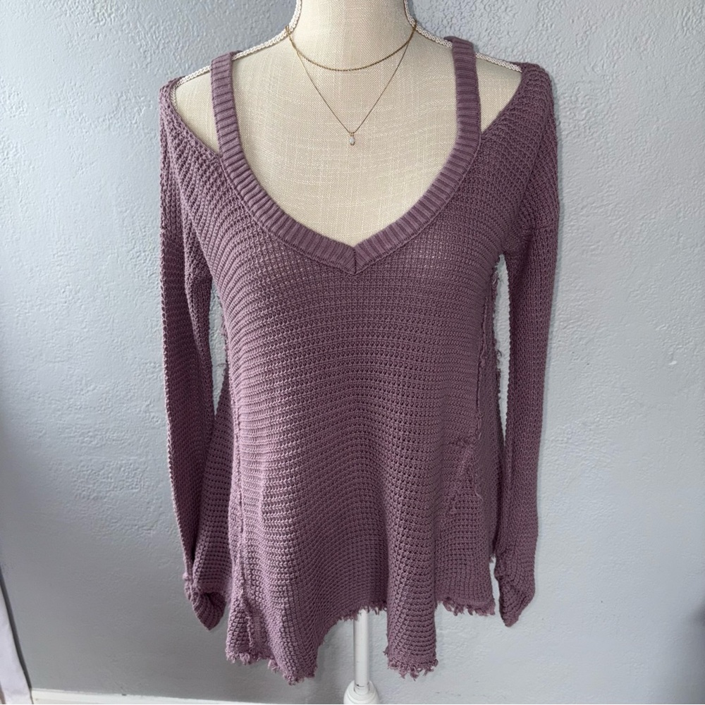 Free People Dusty Lavender Open-Knit V-Neck Sweater size S/M